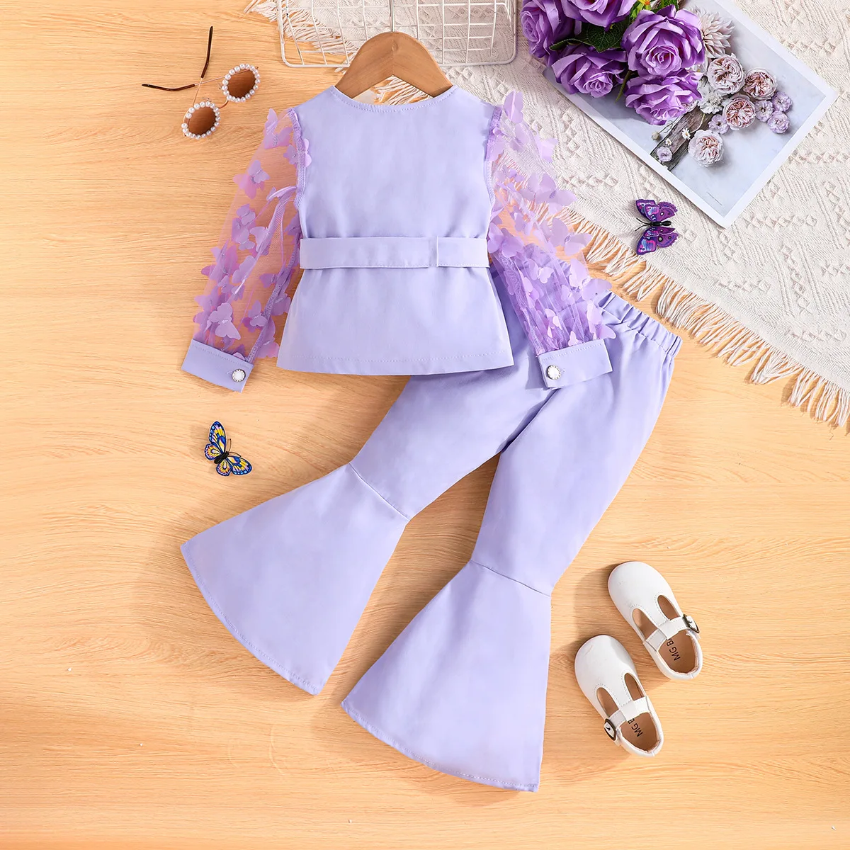 Boutique Spring Autumn Kids Clothing Mesh Embroidered Long Sleeve jacket With Belt And Flared Pants Girls Clothing Set