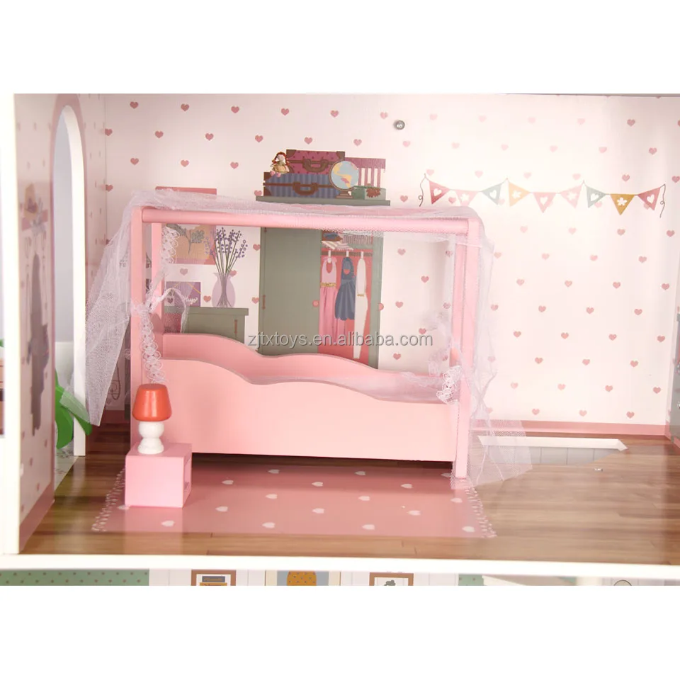 Wood single Bed Perfect Lovely Doll House UV Painting Safety Material Simulation Guitar sofa and table