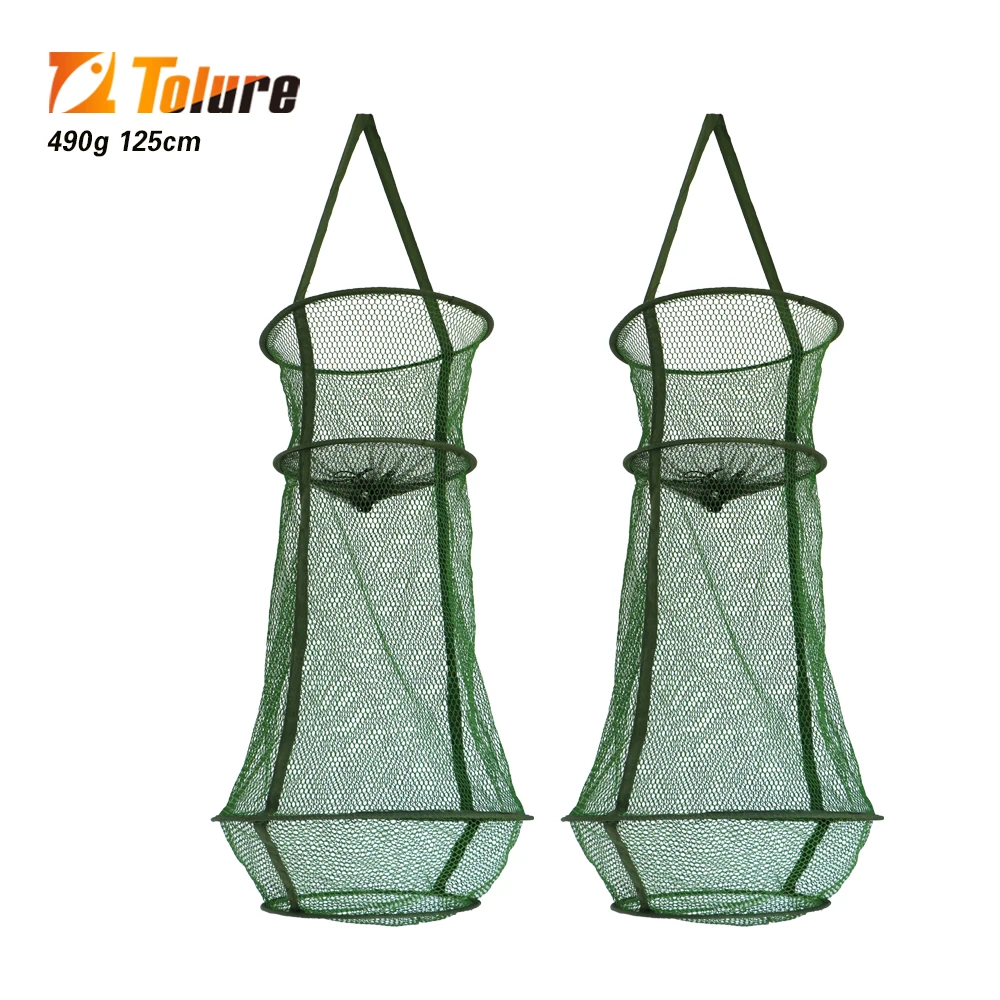 Tolure 490g 125cm Nylon Fish Basket Folding Keep Net Hanging Glue Fish Protection Bag with Big Belly Coating for Shrimp