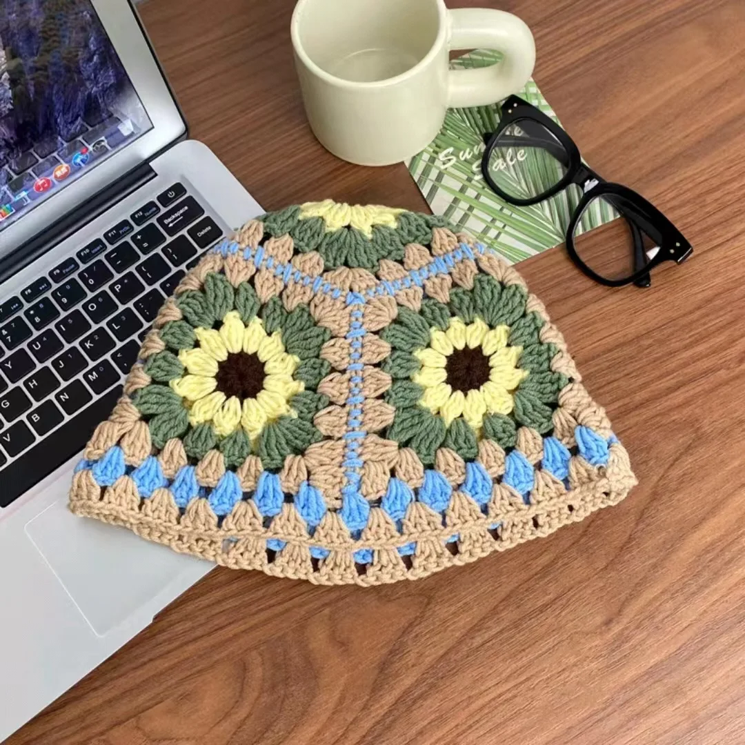 New Design Hand Color Check Flower Knitted Fisherman Hat Cute Ruffle Brimmed Crochet Bucket Hats