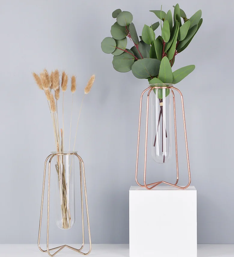 Ins hot sale High quality Metal Frame Wrought Iron Flower Glass Vase Decorative metal wire flower vase For Home Decor