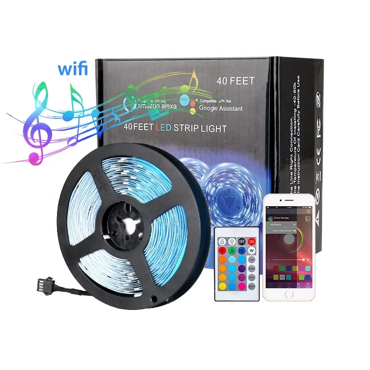 Смарт-управление CE FCC Wifi Светодиодная лента 40 футов RGB для дома 5050 меняющихся цветов совместима с