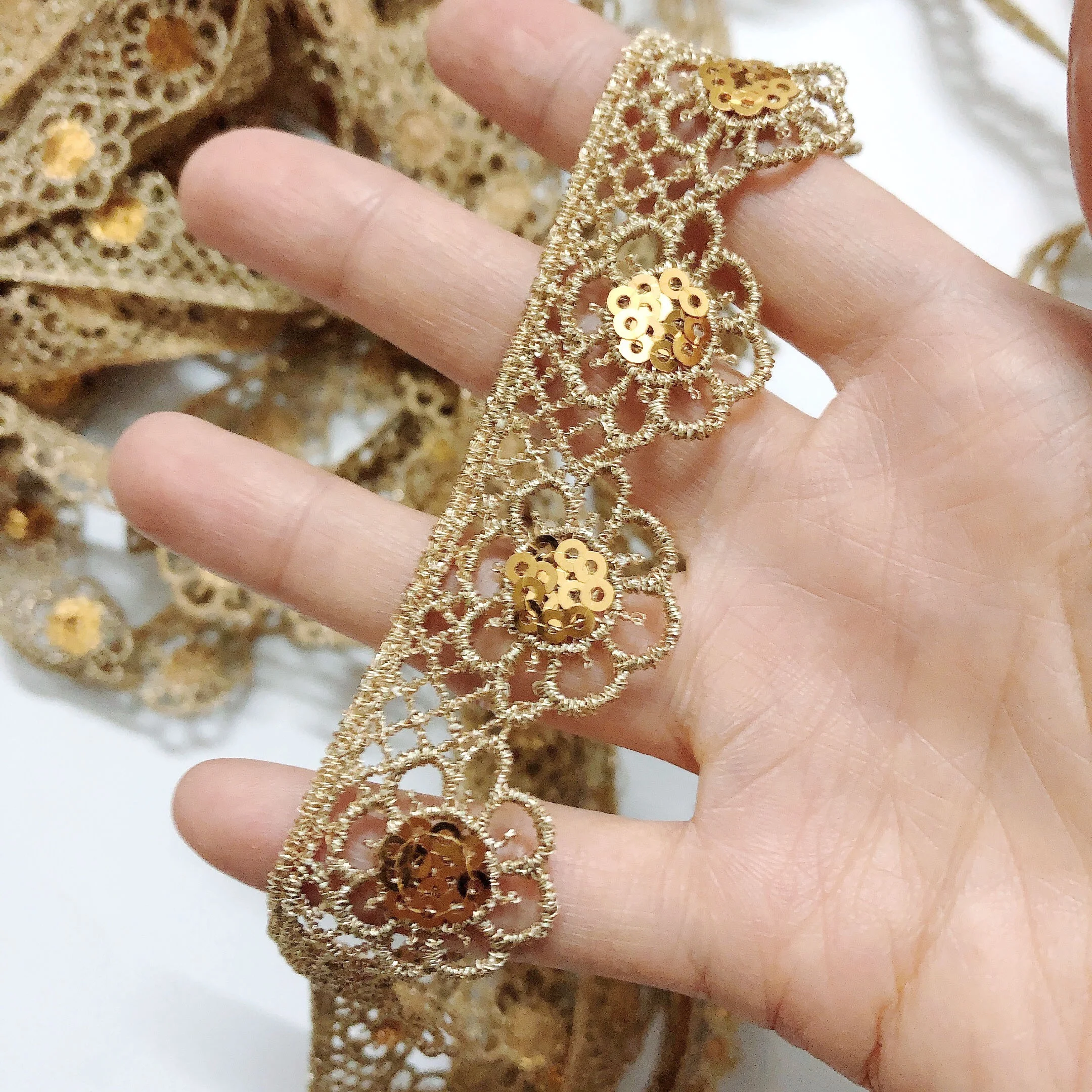 Many kinds of embroidered floral hollow out gold lace trim for clothing LT2623B