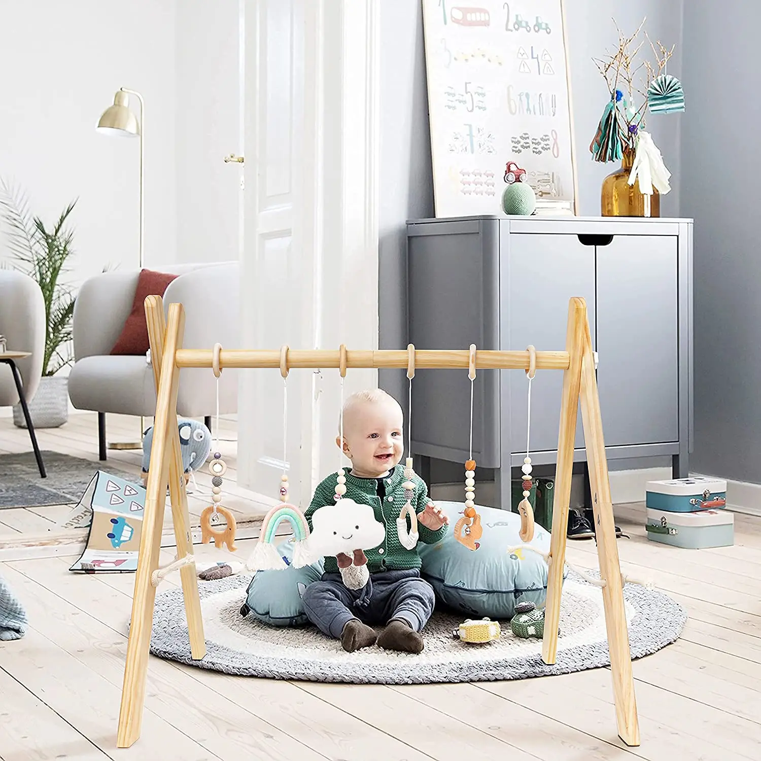Wood Play Gym Baby Montessori Gym with Teething Toys Foldable Frame Activity Play Mat With Hanging Crochet Dolls Beech Play Gym