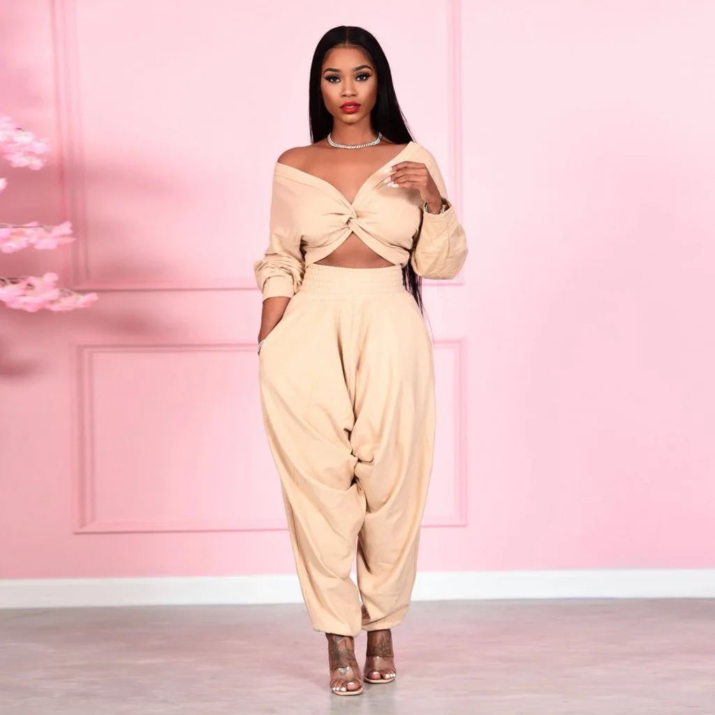Sexy Solid Color Suspender Pants V Neck Cross Two Piece Sets Women 2021 Crop Top 2