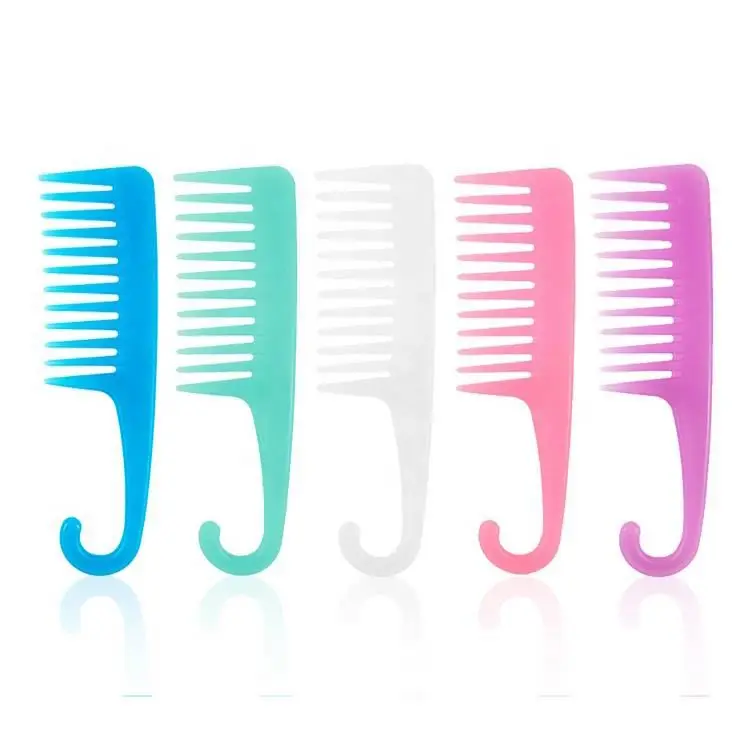 Manufacturer Salon Plastic Anti-Static Shampoo Hair Comb Custom Logo Wide Teeth Shower Detangling Barber Lice Comb with Hook