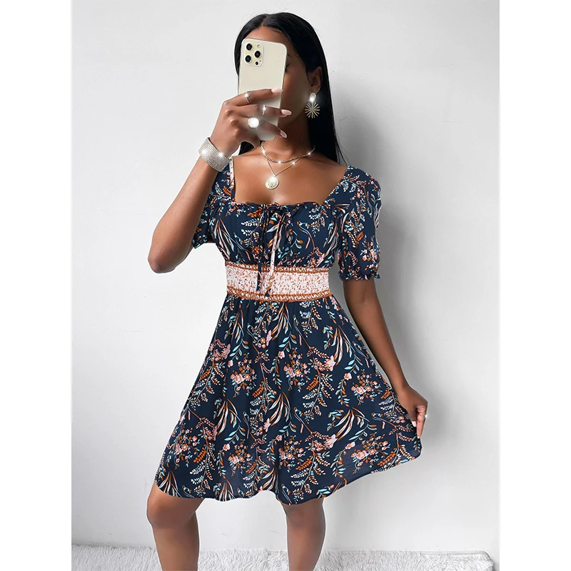 Wholesale Ladies Fashion Dresses Puff Sleeve Square Neck Tied Front Short Pleated A-line Smocked Girls Dress