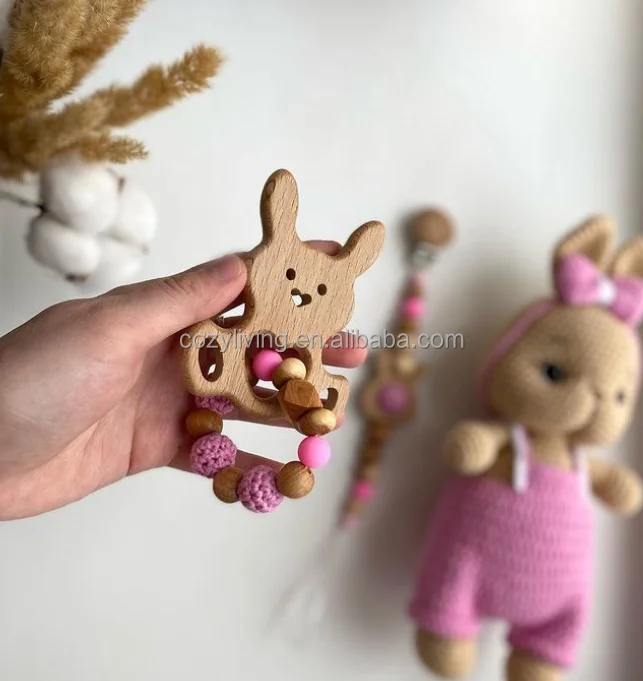 Crochet Kids Bunny Wearing Purple Dress Toys Wooden Baby Teething and Baby Rattle  Amigurumi Safety Toys