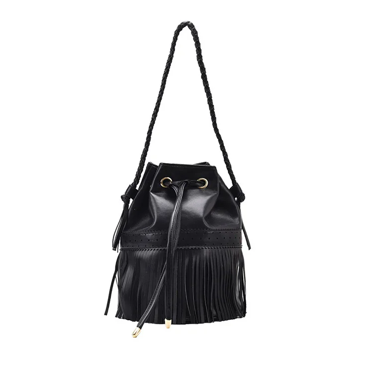custom pu leather women fringed purses and handbags drawstring crossbody bag