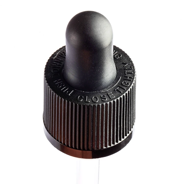18/410 black and white ribbed essential oil bottle lid child resistant plastic dropper cap with glass pipette