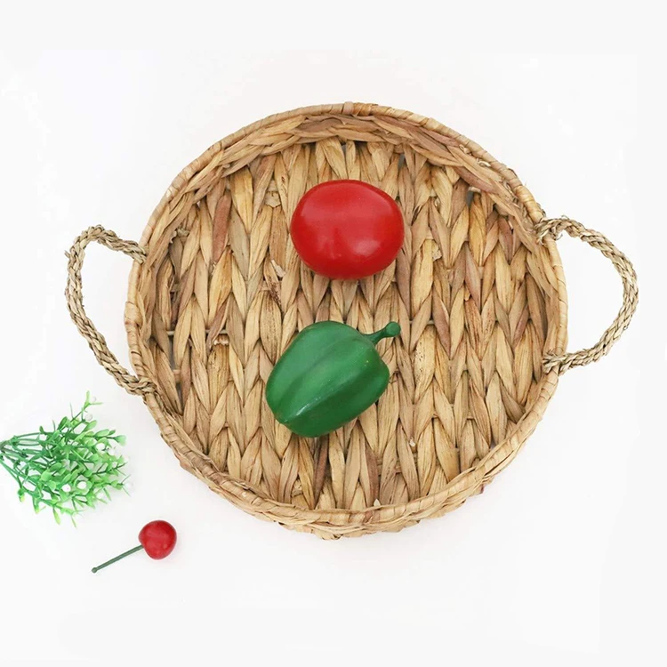Eco-Friendly Material Woven Stylish Design Round Home Storage Fruit Tray Handmade Water Hyacinth Storage Baskets For Organizing