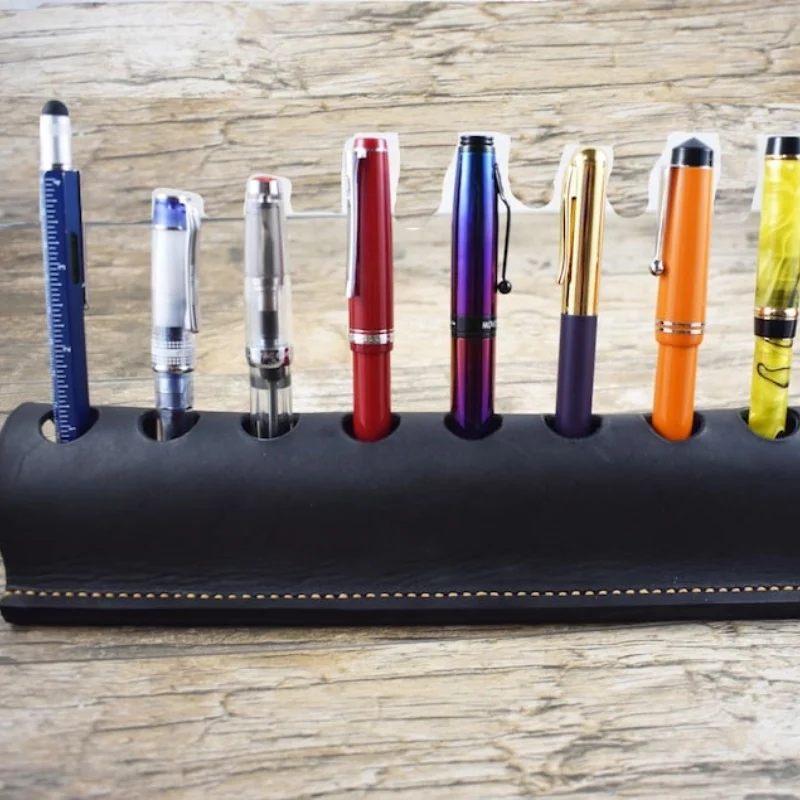 Custom Logo Fountain Pen Stand Table Top Leather 10 Pen Holder For Desk Customized