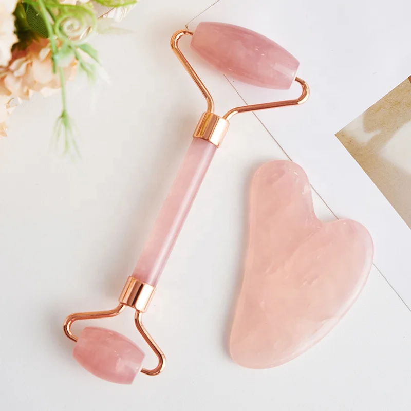 Pink quartz face massage gift set custom baimei  jade roller & gua sha authentic rose quartz roller and gua sha set