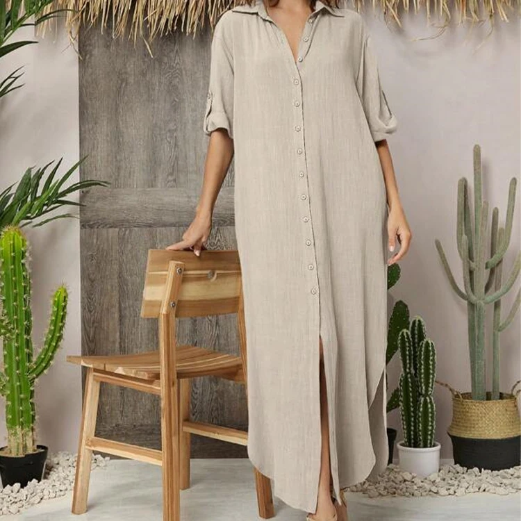 Custom Logo High Quality Solid Short Sleeves Turn-Down Collar Linen Shirt Dresses Maxi Boho Long Split Casual Linen Dresses