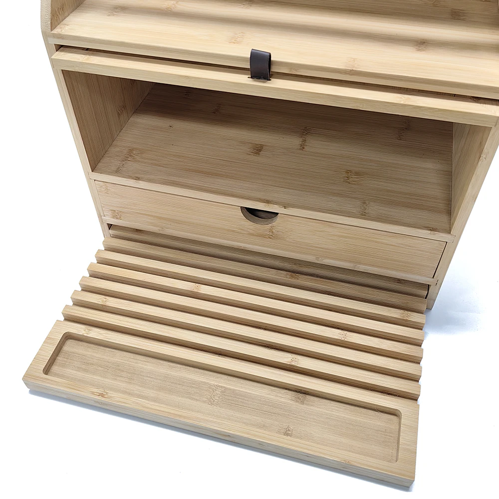 Creative Design Large Layers Bamboo Corner Bread Box with Clear Window K Cup Holders (Utensil Holder) and Bread Board