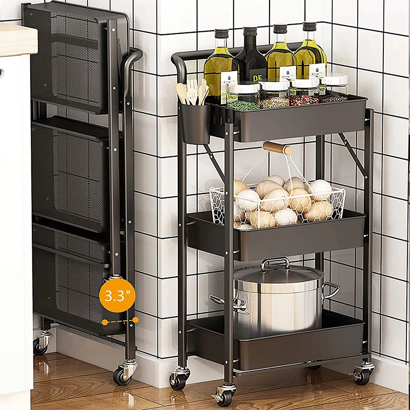 Full Metal Storage Cart Rolling Basket Stand Shelves & Wheels Kitchen Bathroom