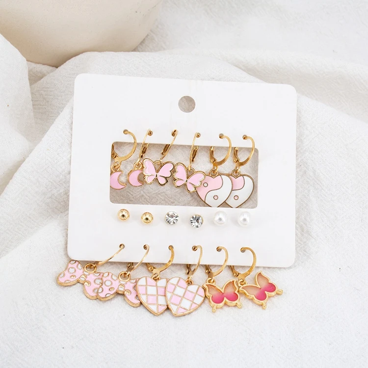 MSI-12 Wholesale Fashion Earrings Women Ear Jewelry Kit Pearl Alloy Knot Pink Heart Butterfly Moon Crystal 12 Pairs Earring Set
