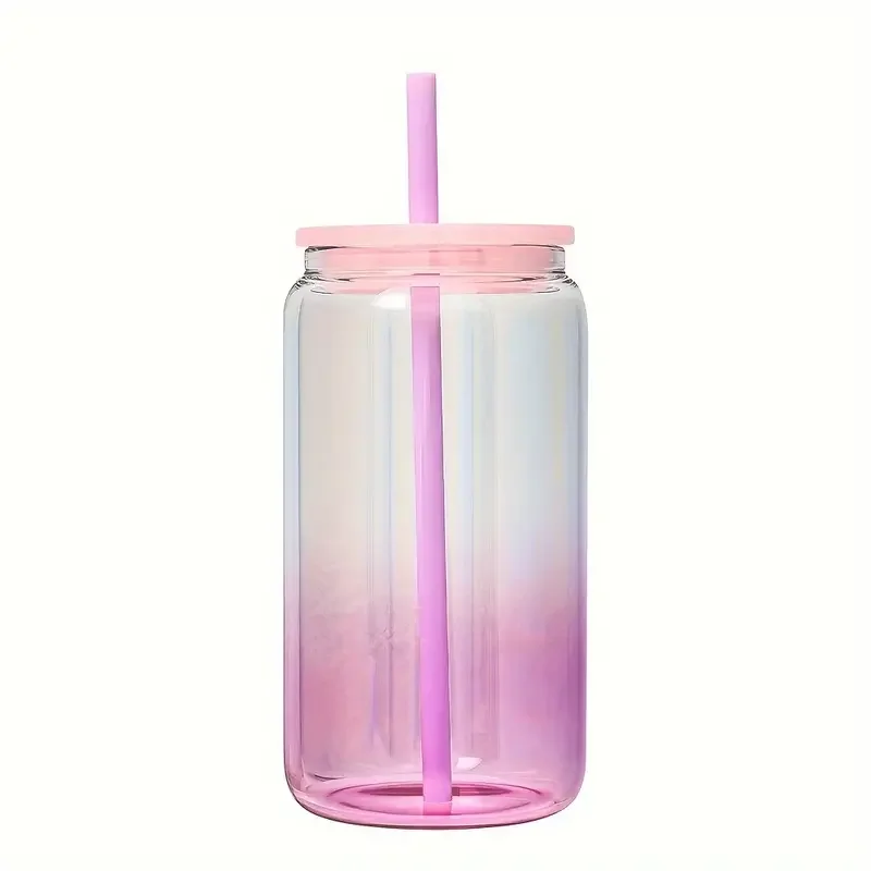 USA Warehouse 16oz Frosted Clear Beer Can Glass Sublimation Water Bottle Glass Jar with coloful plastic lids and straws