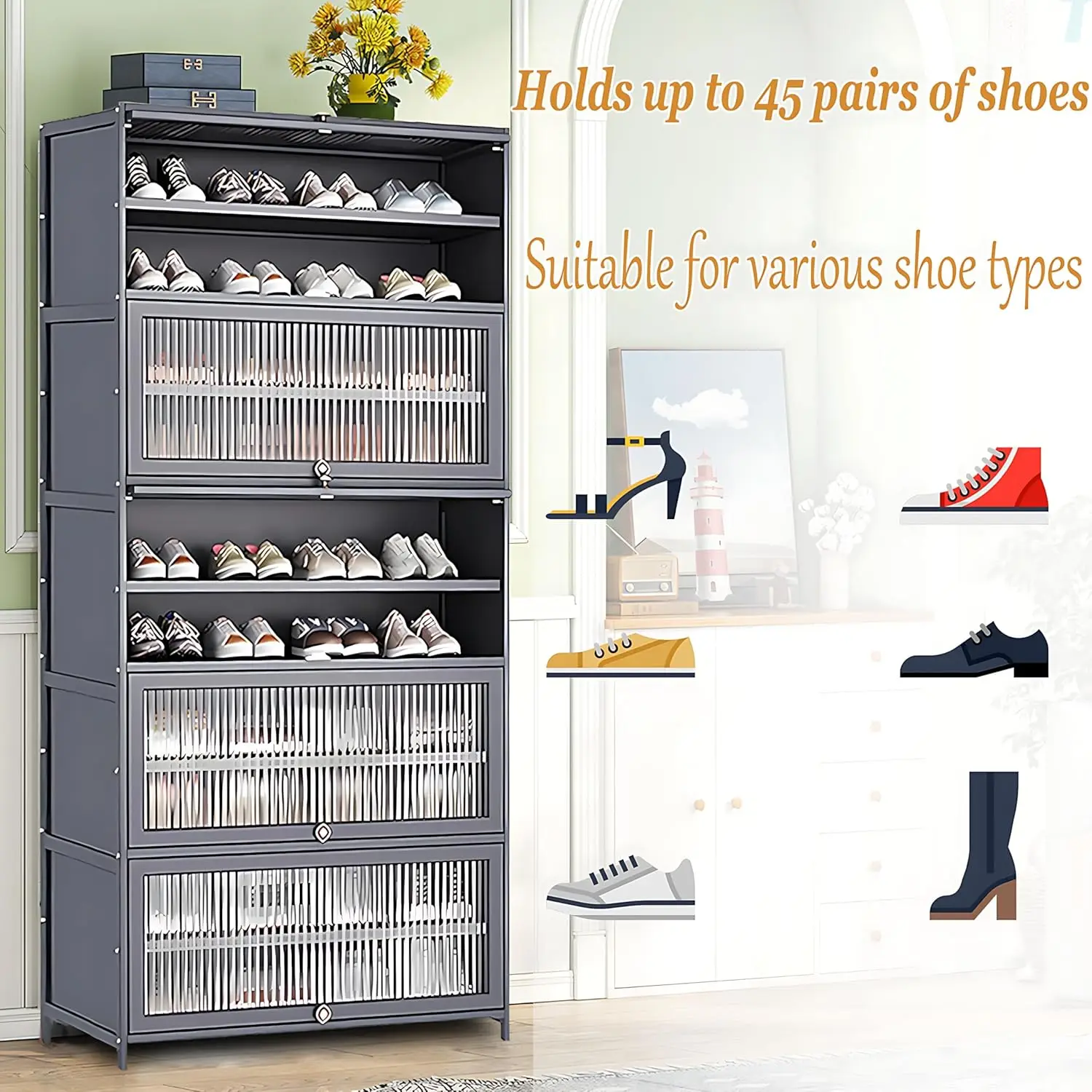 Shoe Cabinet, Large Shoe Storage Cabinet Organizer for 40-45 Pairs, Vertical Shoe Rack for Entryway, Bedroom