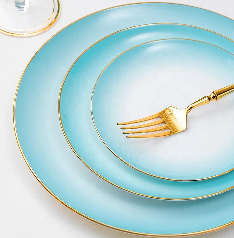 Ceramic tableware Gradual blue dishes Set high-grade bone china tableware 60 head wholesale gifts Home