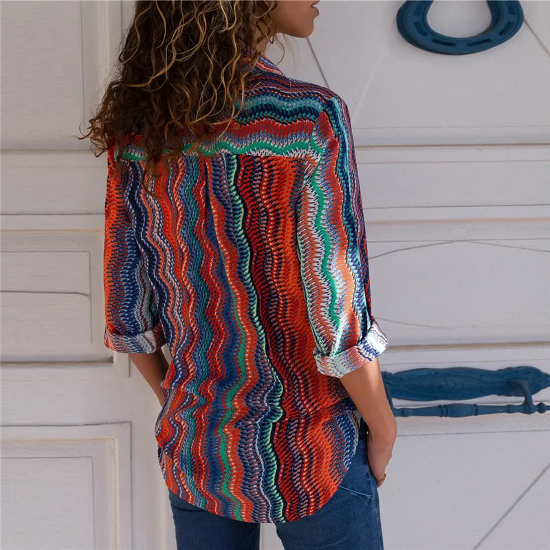 
Striped V-neck long-sleeved blouse woman tops fashionable blusa 