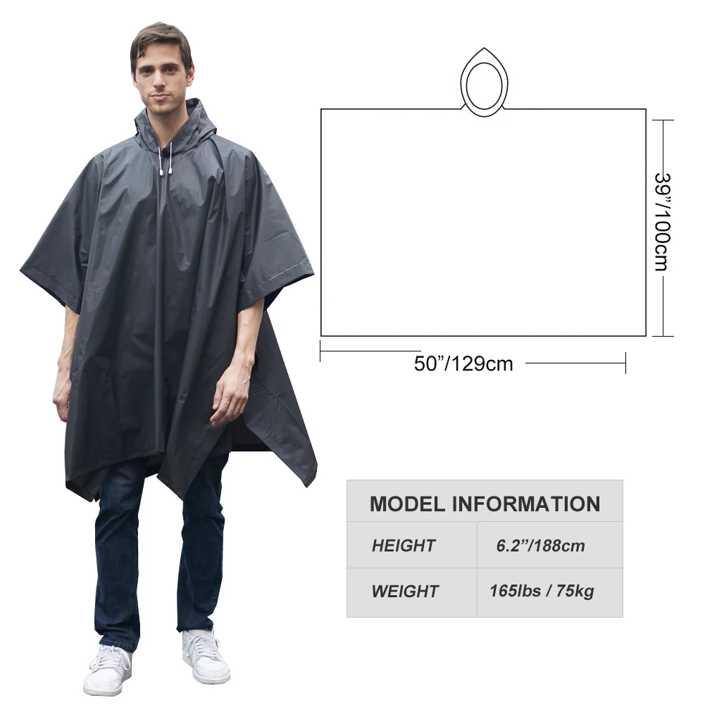 Reusable Black EVA Raincoat Waterproof Rain Poncho for Adults