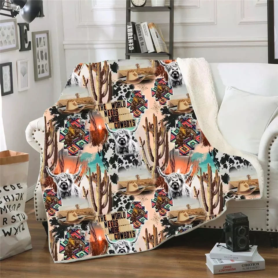 High Quality Personalized Western Style Cow Aztec Print Cowboy Flannel Blankets