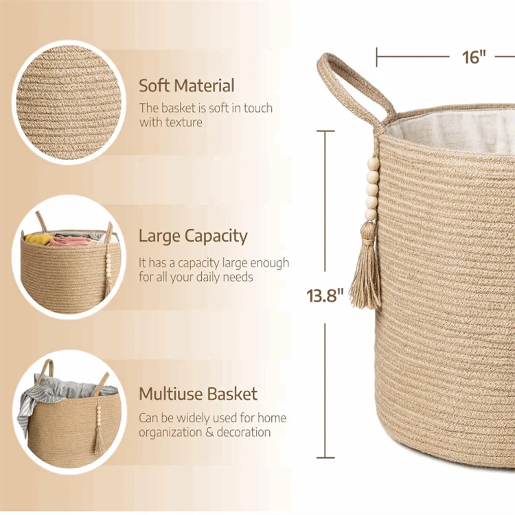 Natural Rope Basket Wooden Bead Decoration Home Decor Woven Storage Basket with Handles