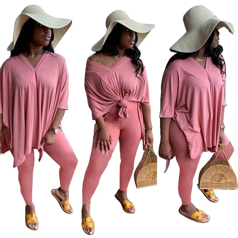 
2021 Fashion Casual Solid Color Plus Size Knotted Two Piece Set Women Clothing Fall Outfits Suit 
