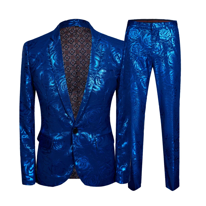 
Sapphire Blue Rose Floral Gilding One Button Suit ( Jacket+Pants) Men 2020 Stage Party Weeding Tuxedo Blazer Men Slim Fit Suits 