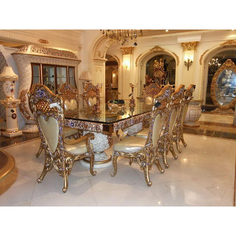 Master Piece Royal Louis Artistic Classical Louis Inspired Golden Plated Round Pedestal Dining Table and Chair