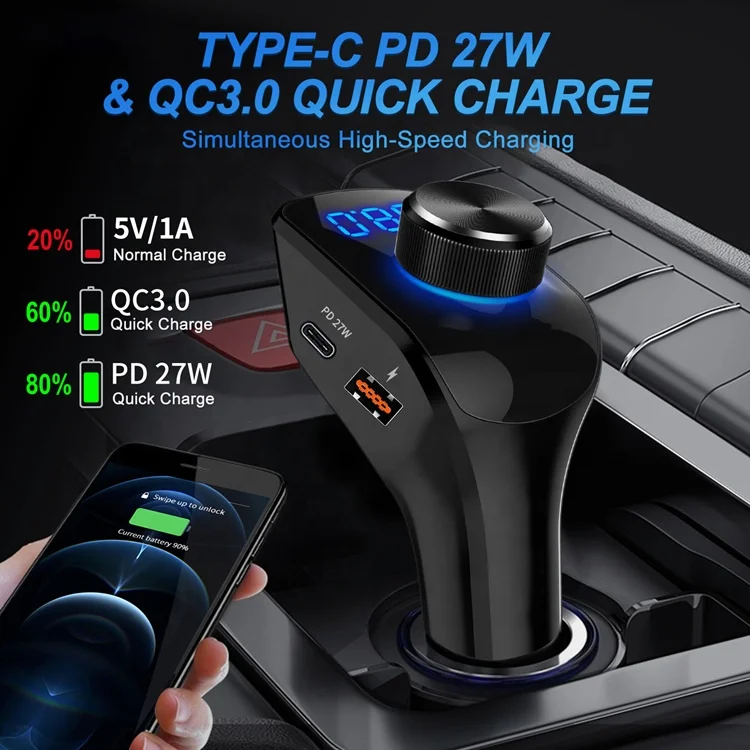 PD 27W BT Car Stereo BT Car Charger MP3 FM Transmitter Kit Hands Free call Aux output 3.5mm Audio MP3 Wireless BT Car Adapter