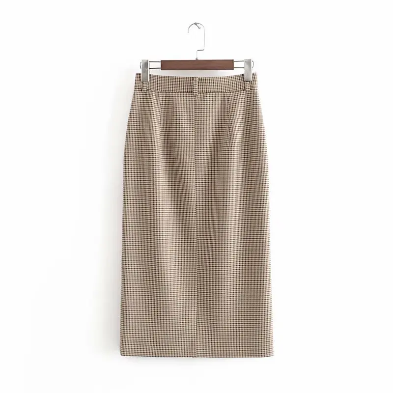 qz260 spring women elegant checked houndstooth pattern front split pencil skirt office lady knee length skirts saias jupe