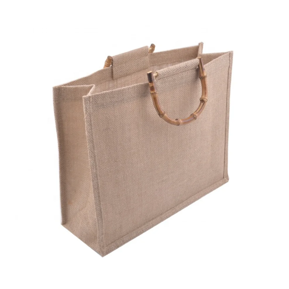Eco Reusable Custom Logo Shopping Jute Tote Bag with Bamboo Handle