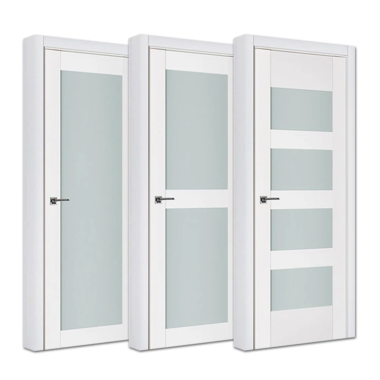 Modern Indoor Room Wooden Glass Doors American French Style Interior Bathroom White Wood Door with Frosted Panel Inserts