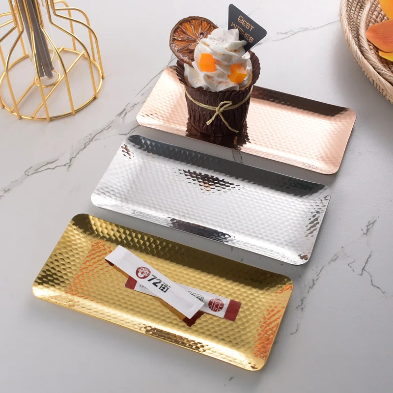 Korean Stainless Steel Fruit Tray Hammer Pattern Rectangular Ornament Jewelry Storage Tray Dessert Cake BBQ metal Tray