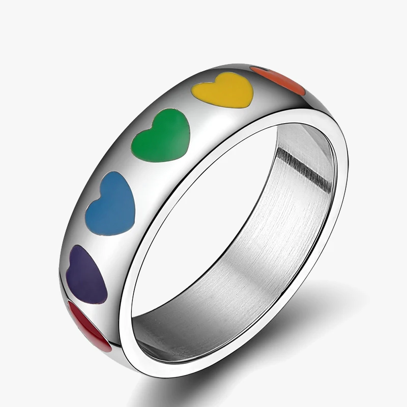 
Drop Glue Rubber Heart-Shaped Rainbow Ring Love Stainless Steel Rainbow Ring Lgbt Jewelry 