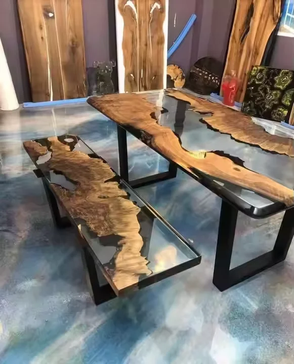Free Sample Factory Direct Solid Walnut Wood Coffee Cafe Kitchen Restaurant River Epoxy Resin Slab