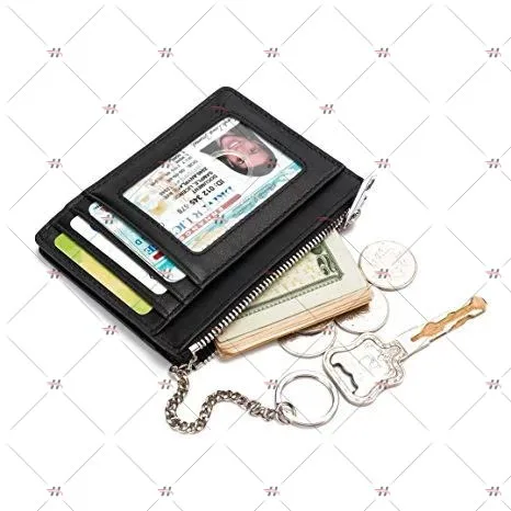 
RFID Blocking Men Women Genuine Leather Slim ID Window Metal Chain Zip Key Wallet 