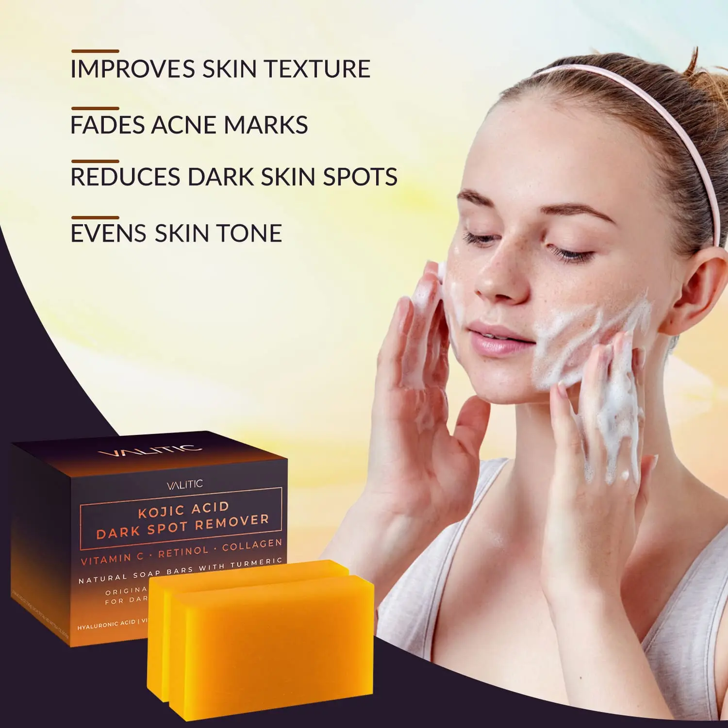 Best Sell VALITIC Original Kojic Acid Dark Remover Spot Facial Cleansing Soap Vitamin C Retinol Custom Logo Facial Soap Package
