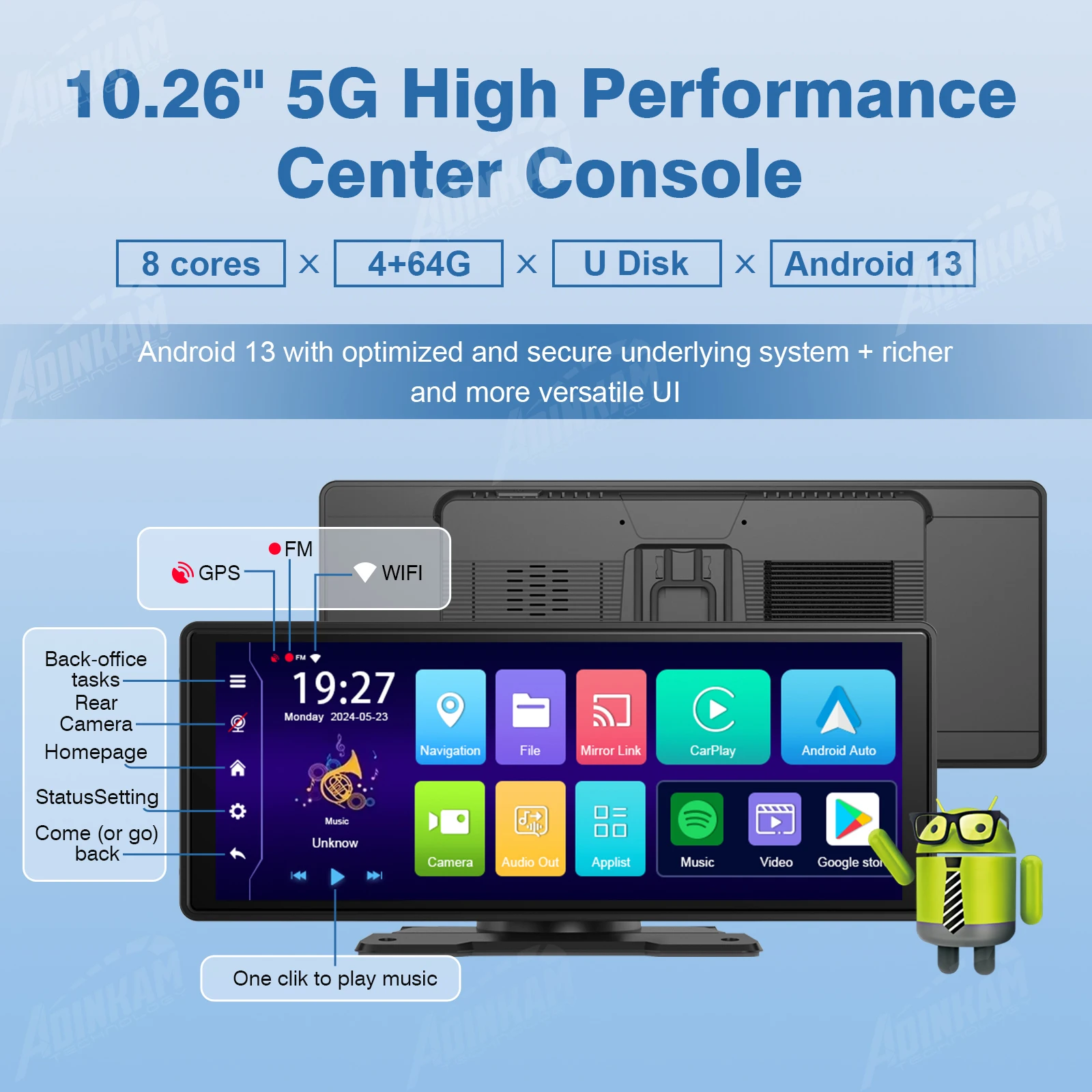 ADINKAM Universal 10.26 Inch Monitor Touch Screen Car Wireless CarPlay Android auto Stereo Radio DVR Dash Cam Multimedia