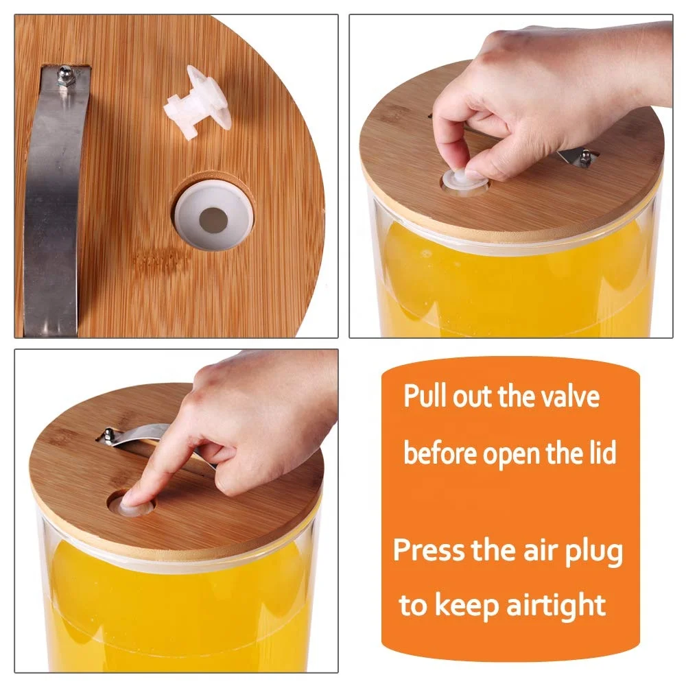 Borosilicate Glass Drink Dispenser on Wooden Stand with Airtight Bamboo Lid and Stainless Steel Spigot