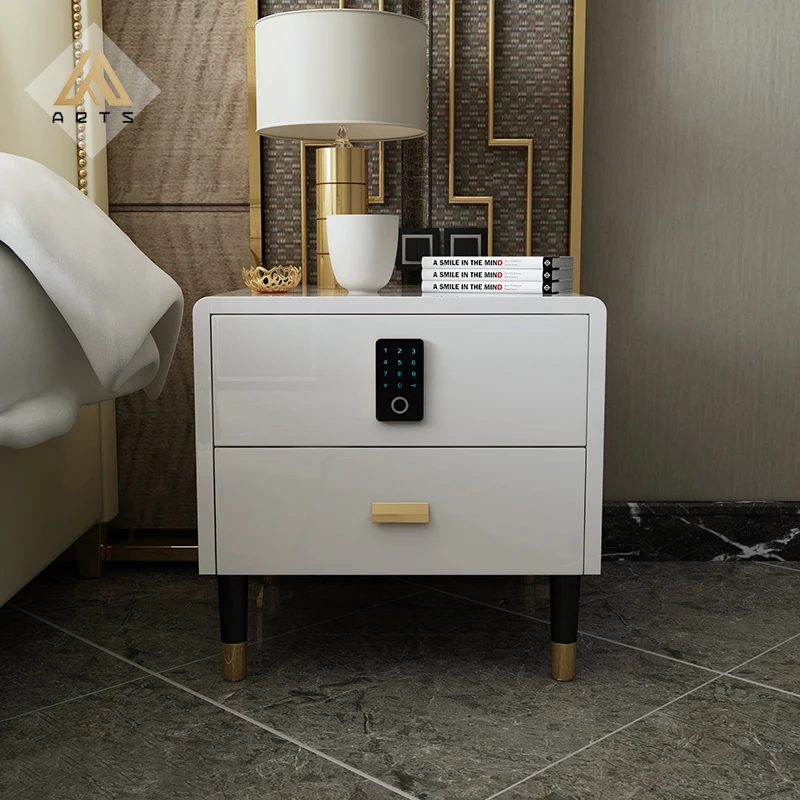 Luxury Italian  modern bedroom furniture  smart bed side table  with drawers fingerprint lock function leather  night stand