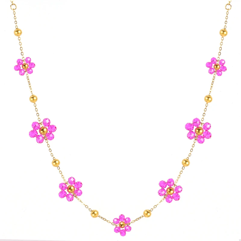 Trendy Colorful Flower Beaded Necklace Choker Bracelet for Women 316L Stainless Steel Jewelry Gold Plated Waterproof Charm Gifts