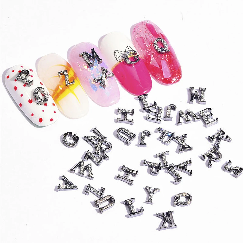 10Pcs/bag 3D Metal Black Nail Art Letter with Rhinestone Capital English Letter for Nail Art Decoration DIY Letters for Nails