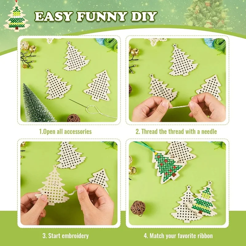Hot Sale Christmas Trees Wooden Cross Embroidery Ornaments DIY Cross Stitch Kit