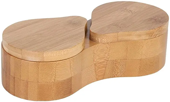 Double Round Bamboo Container Salt and Pepper Wooden Box Spices Storage Jar