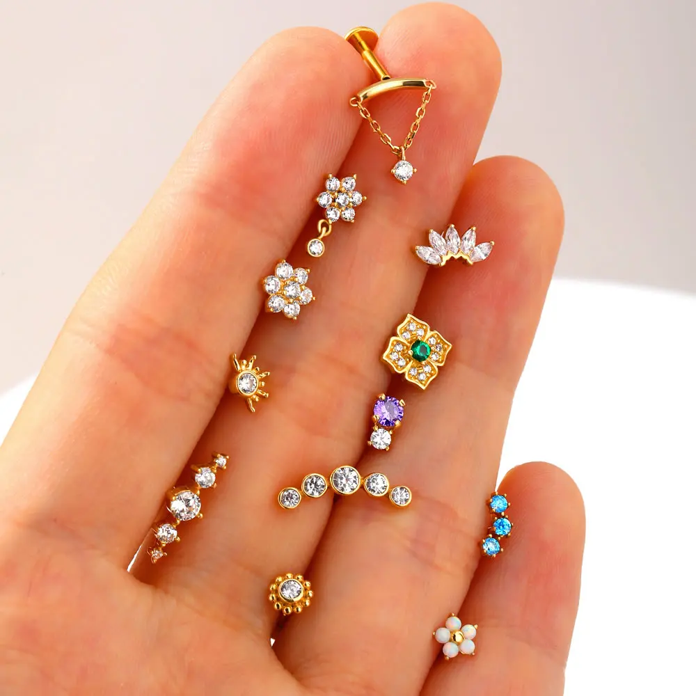 Custom fashion earring body piercing jewelry lip stud prong setting square inlay zircon 14K Solid Gold threadless labret jewelry