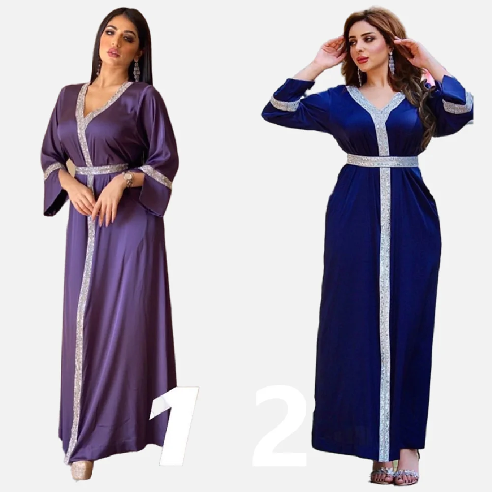 AB014 Diamond Studded Middle East Muslim Robe Turkish Long Abaya Women Muslim Dress For Women  With Belt