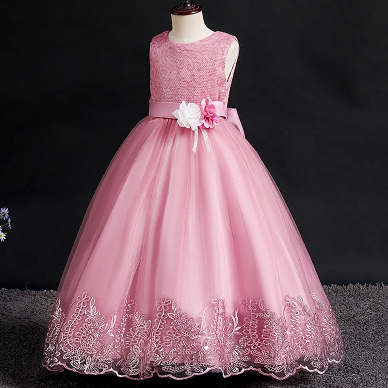 New Wedding Flower Girls Dress for Kids Lace Embroidered Bow Princess Dress Children Birthday Party Ball Gown